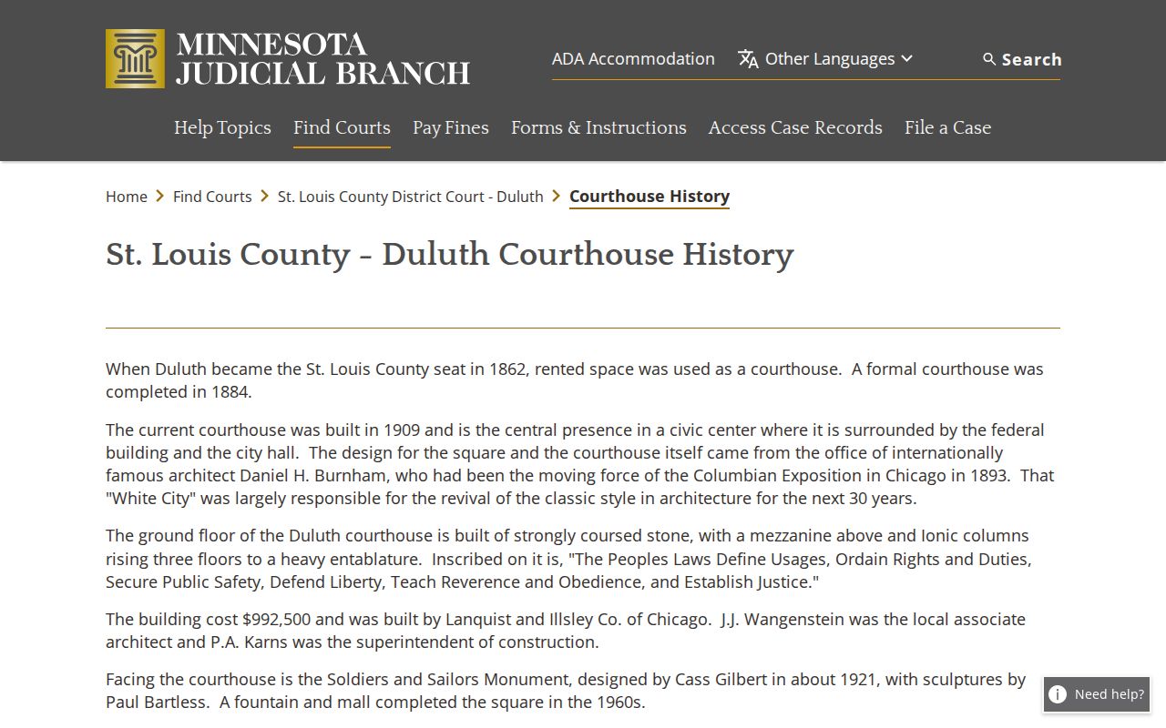 Duluth courthouse history official page