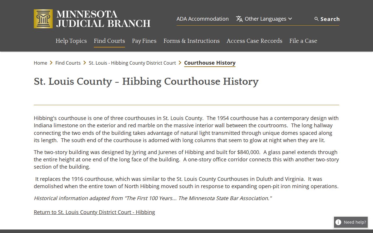 Hibbing courthouse history official page