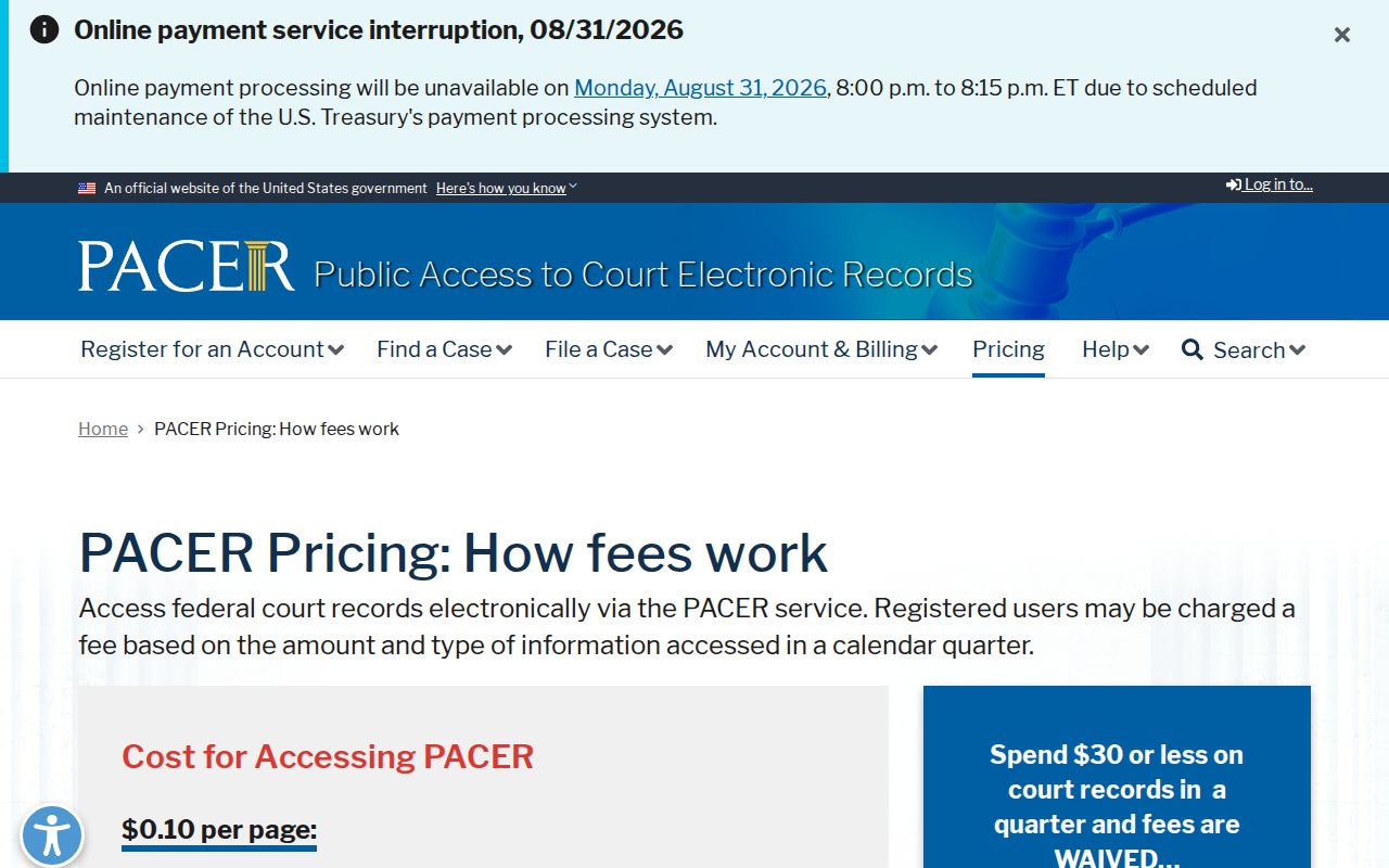 St. Louis County court record search federal PACER pricing source