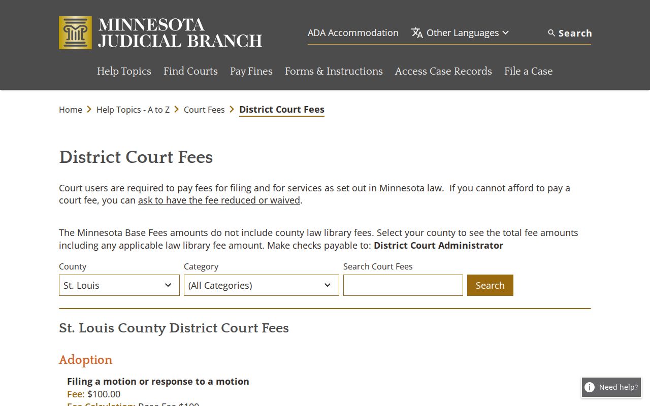 St. Louis County court record search fee schedule source