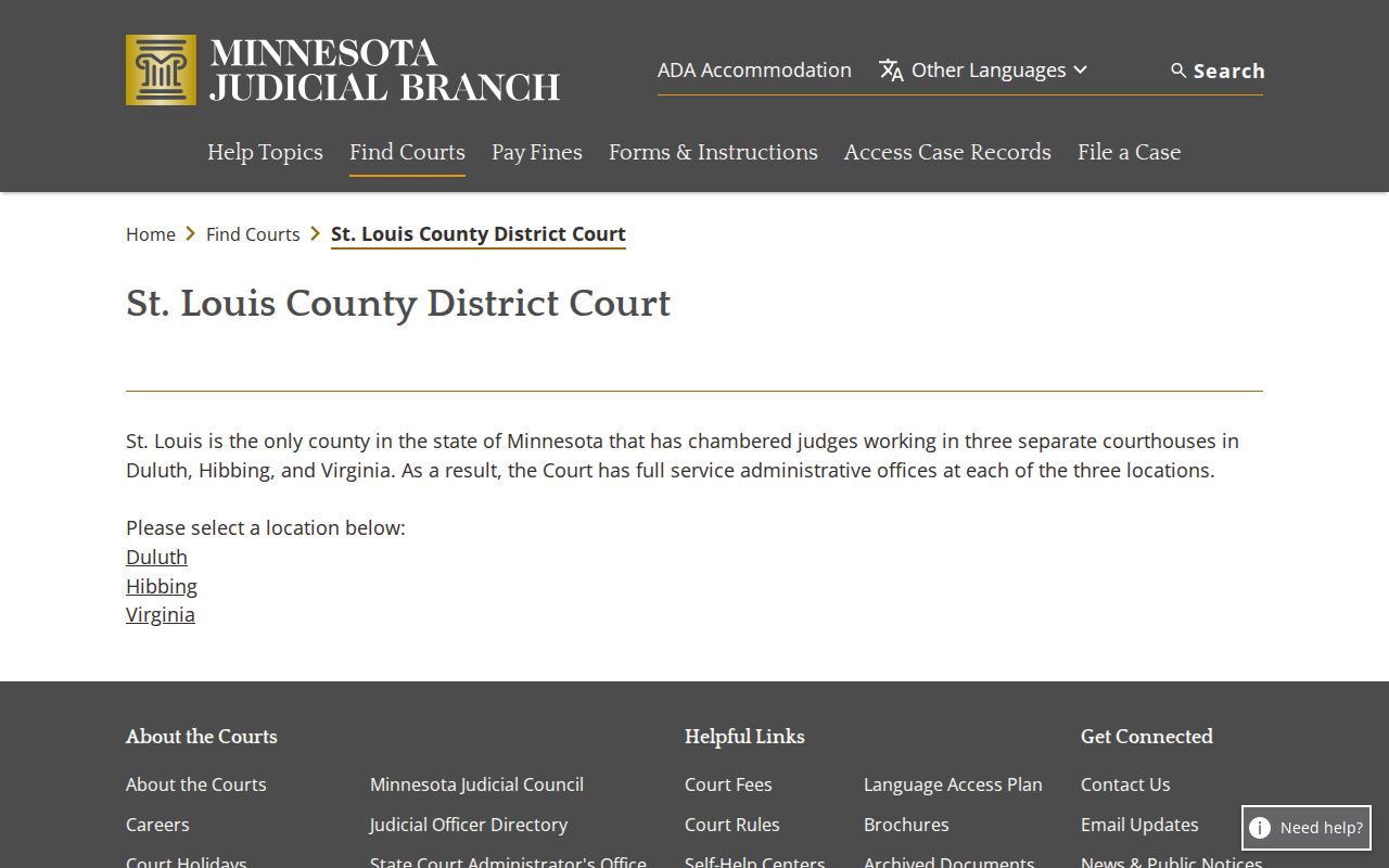 St. Louis County court docket Minnesota Judicial Branch facility directory